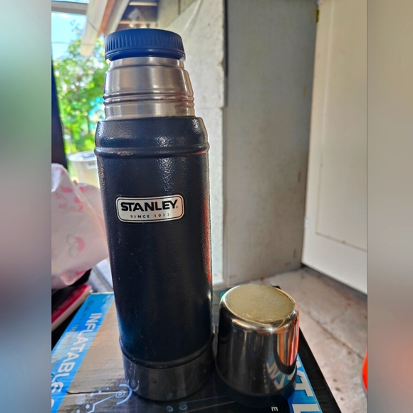 Stanley Black Thermos with Silver and Blue Accents - Picture 1 of 4